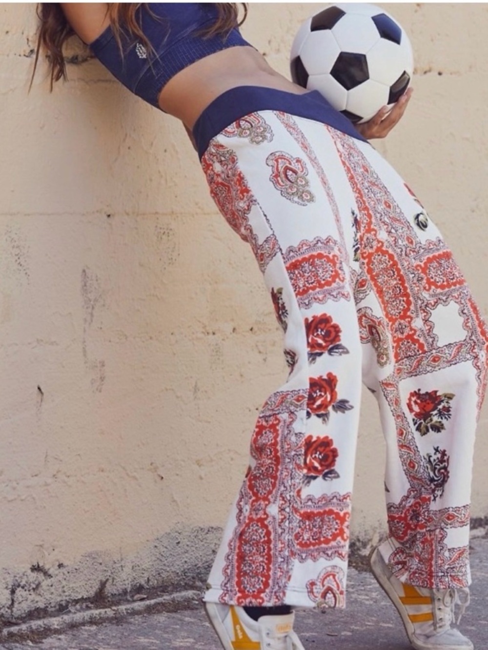FP Movement by Free People White Wide-Leg Pants with Orange Paisley Floral